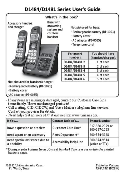 Uniden D1484/D1481 Series Cordless Phone User's Guide - cover page