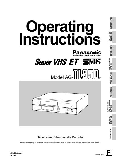 Panasonic AG-TL950P Time Lapse Video Cassette Recorder Operating Instructions - cover page