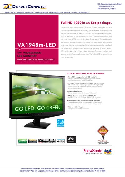 ViewSonic VA1948m-LED Monitor Data Sheet - cover page