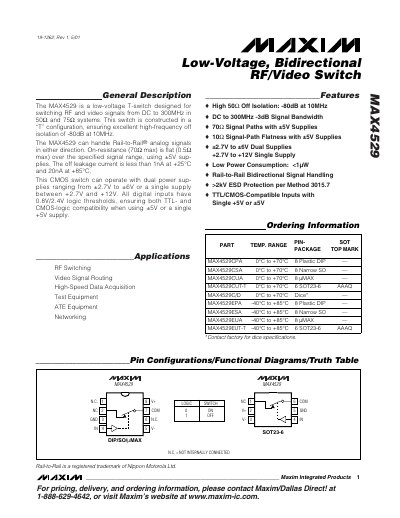 Maxim MAX4529 Low-Voltage Bidirectional RF/Video Switch Datasheet - cover page