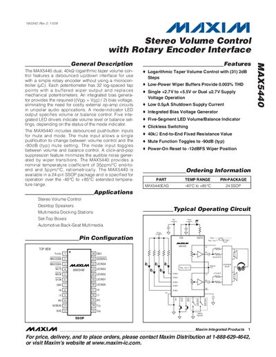 Maxim MAX5440 Stereo Volume Control with Rotary Encoder Interface Datasheet - cover page