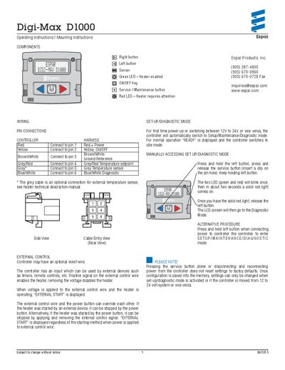 Espar Digi-Max D1000 Controller Wiring Pin Connections User Manual