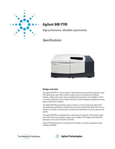 Agilent 640 FTIR Spectrometer Specifications and Design Overview - cover page