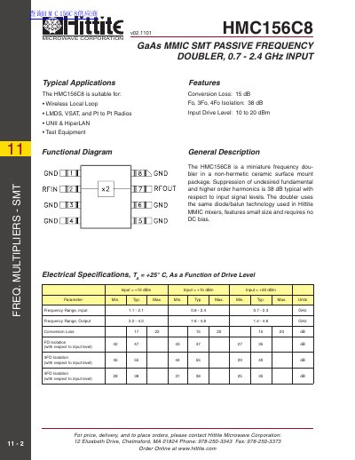 Hittite HMC156C8 GaAs MMIC SMT Frequency Doubler Datasheet - cover page