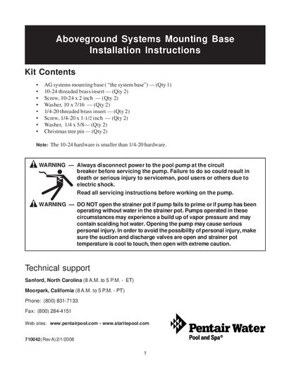 Pentair 710042 Aboveground Systems Mounting Base Installation Instructions - cover page