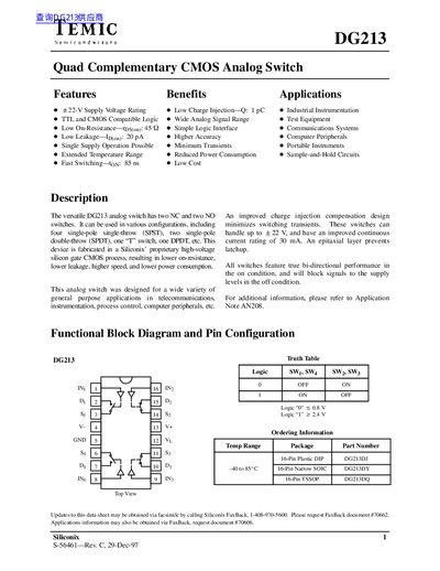 TEMIC DG213 Quad Complementary CMOS Analog Switch Datasheet - cover page