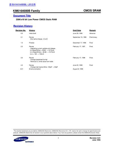 Samsung KM6164000B Family CMOS SRAM Datasheet - cover page