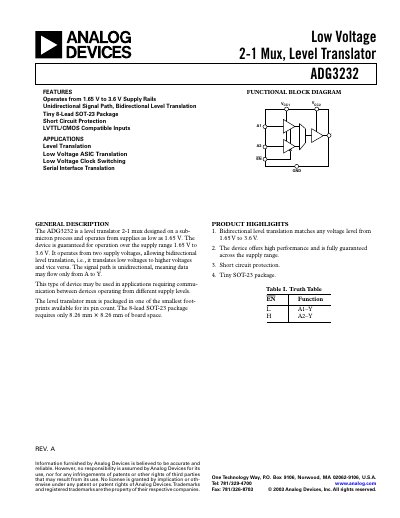Analog Devices ADG3232 Low Voltage 2‑1 Mux Level Translator Datasheet - cover page
