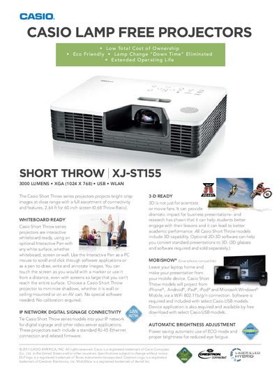 Casio XJ-ST155 Projector Product Specification Sheet - cover page