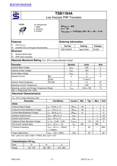 TSC TSB1184A Low Vce(sat) PNP Transistor Datasheet - cover page