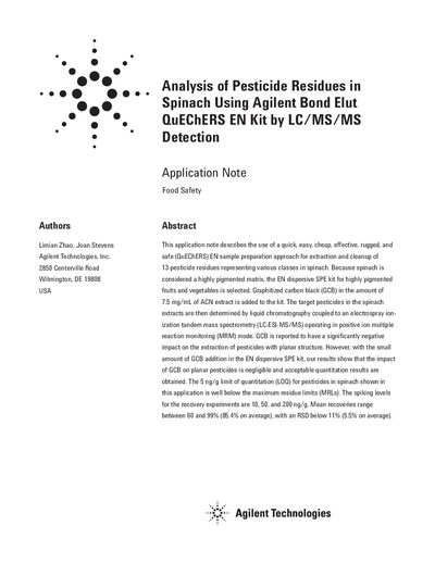 Agilent Bond Elut QuEChERS EN Kit Pesticide Residue Analysis Application Note - cover page