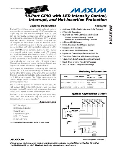 Maxim Integrated MAX7314 18-Port GPIO LED Intensity Control & Interrupt Datasheet - cover page