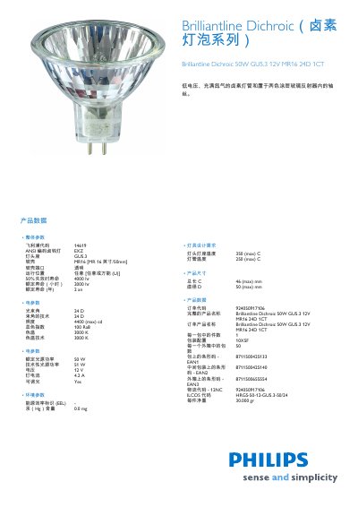 Philips 50W GU5.3 12V MR16 24D 1CT Halogen Bulb Datasheet - cover page
