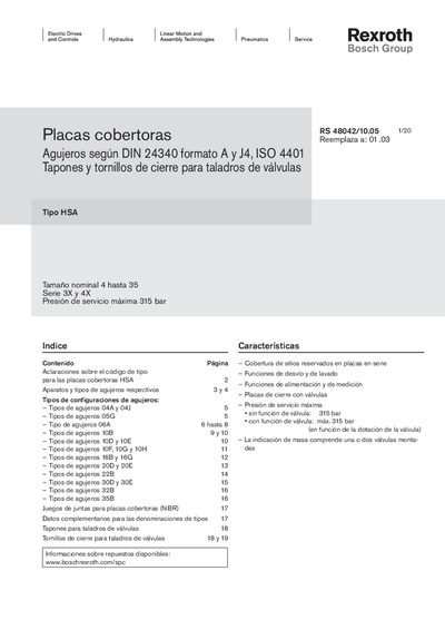 Bosch Rexroth HSA Cover Plate Catalog - cover page