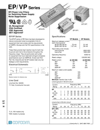 Corcom EP/VP Series RFI Power Line Filter Datasheet - cover page