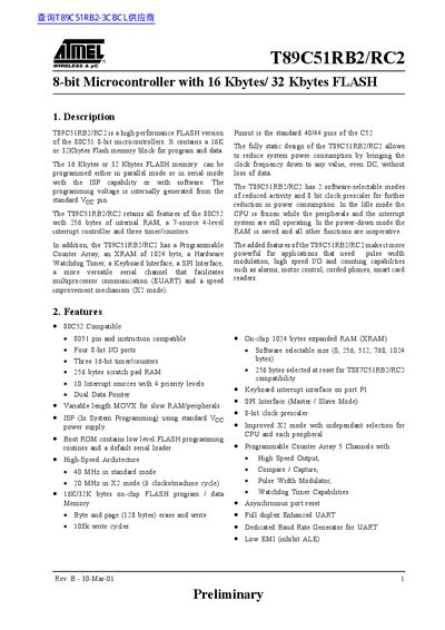 Atmel T89C51RB2/RC2 8-bit Microcontroller Datasheet - cover page
