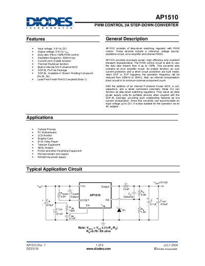 Diodes AP1510 PWM Control 3A Step-Down Converter Datasheet - cover page