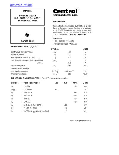 Central Semiconductor CMPSH1-4 Surface Mount Schottky Barrier Rectifier Datasheet - cover page
