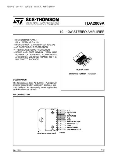 SGS-THOMSON TDA2009A Stereo Amplifier Datasheet - cover page