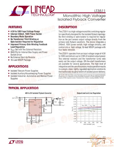Linear Technology LT3511 Monolithic High Voltage Isolated Flyback Converter Datasheet - cover page