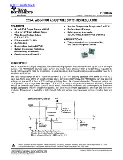 Texas Instruments PTH08080W 2.25-A Switching Regulator Datasheet - cover page