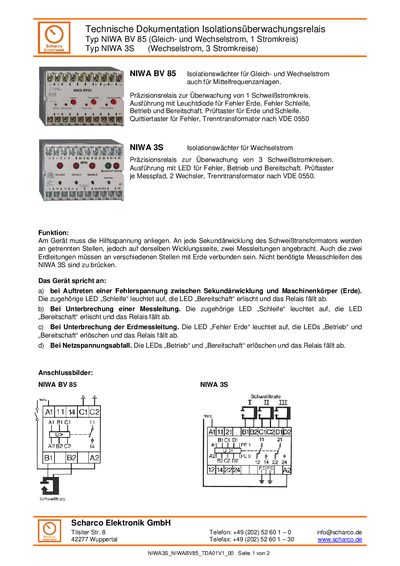 Scharco Elektronik GmbH NIWA BV 85/3S Insulation Monitoring Relay Technical Documentation - cover page