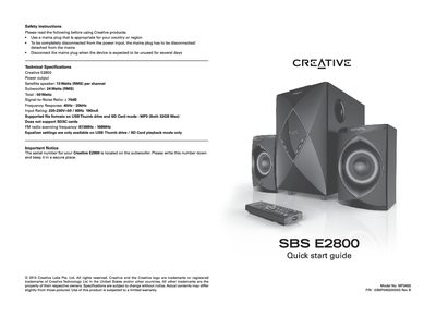 Creative SBS E2800 Quick Start Guide - cover page