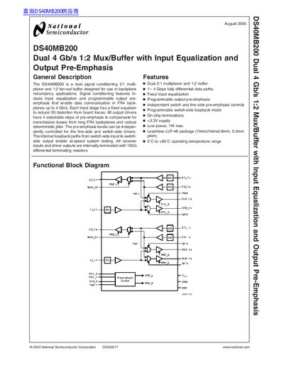 National Semiconductor DS40MB200 Dual 4 Gb/s Mux/Buffer Datasheet - cover page