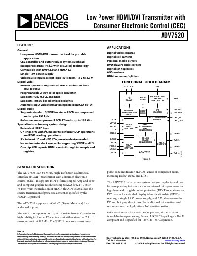 Analog Devices ADV7520 HDMI/DVI Transmitter Datasheet