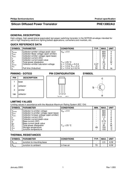 Philips Semiconductors PHE13002AU Silicon Diffused Power Transistor Datasheet - cover page