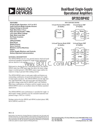 Analog Devices OP292/OP492 Operational Amplifier Datasheet - cover page
