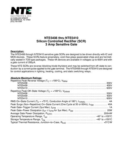 NTE NTE5408 thru NTE5410 Silicon Controlled Rectifier (SCR) 3 Amp Sensitive Gate - cover page