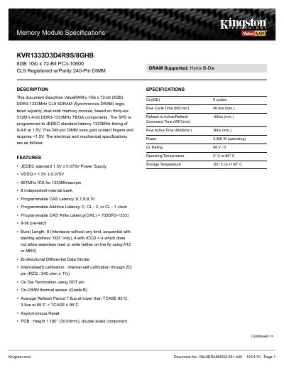Kingston KVR1333D3D4R9S/8GHB ValueRAM DDR3-1333MHz Registered Memory Module Datasheet - cover page