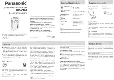 Panasonic RQ-V164 Stereo Radio Cassette Player Operating Instructions - cover page