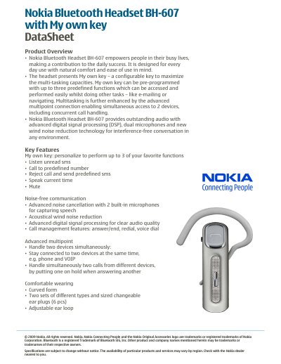 Nokia Bluetooth Headset BH-607 DataSheet - cover page