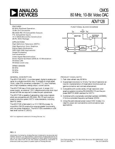 Analog Devices ADV7128 Video DAC Datasheet