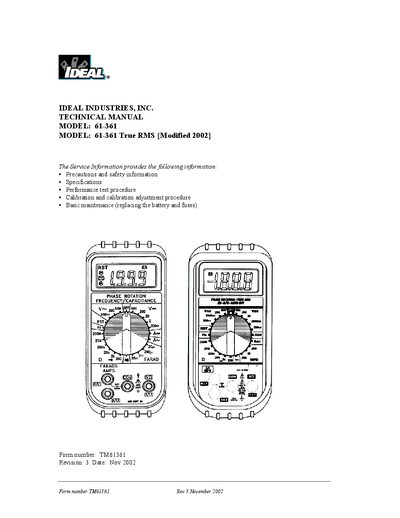 IDEAL 61-361 Multimeter Service Manual - cover page