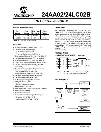 Microchip 24AA02/24LC02B Serial EEPROM Datasheet - cover page