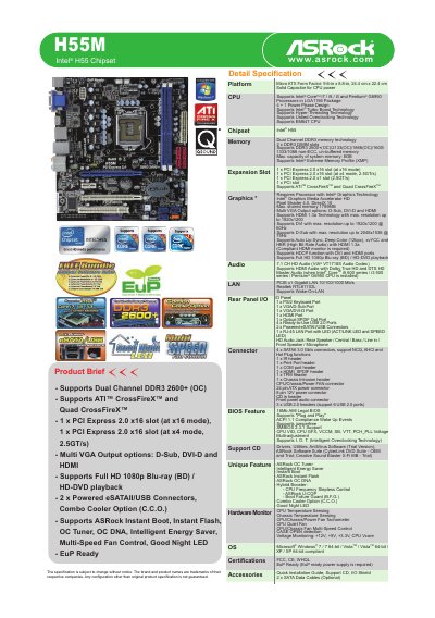 ASRock H55M-GLAN Motherboard Specification Sheet - cover page