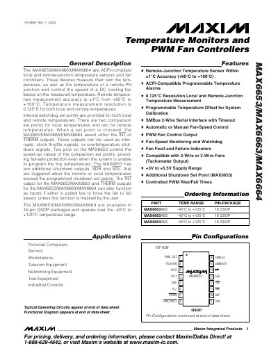 Maxim MAX6653/MAX6663/MAX6664 Temperature Sensor and Fan Controller Datasheet - cover page