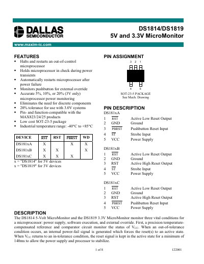 Maxim DS1814/DS1819 MicroMonitor Datasheet - cover page