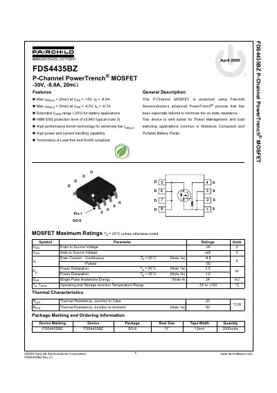 Fairchild Semiconductor FDS4435BZ P-Channel PowerTrench MOSFET Datasheet - cover page