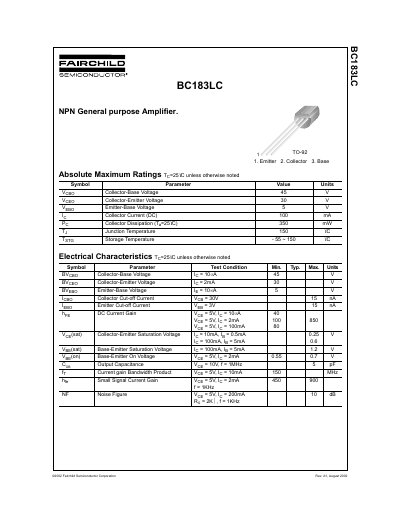 Fairchild BC183LC Datasheet - cover page