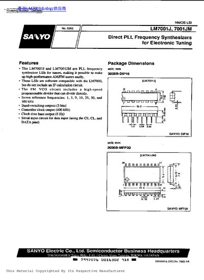 SANYO LM7001J/LM7001JM Direct PLL Frequency Synthesizer Datasheet - cover page