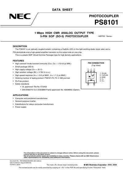 NEC PS8101 Photocoupler Datasheet - cover page