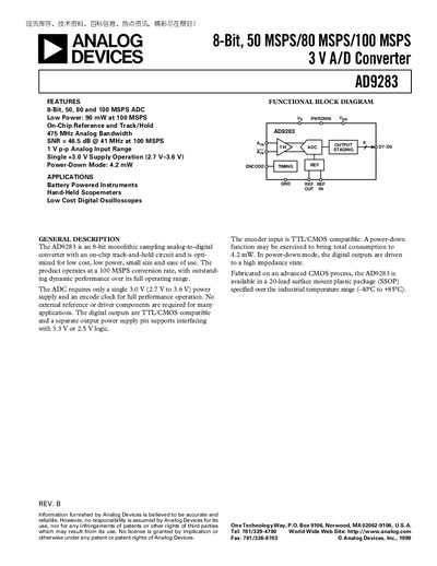 Analog Devices AD9283 8‑Bit 100 MSPS ADC Datasheet - cover page