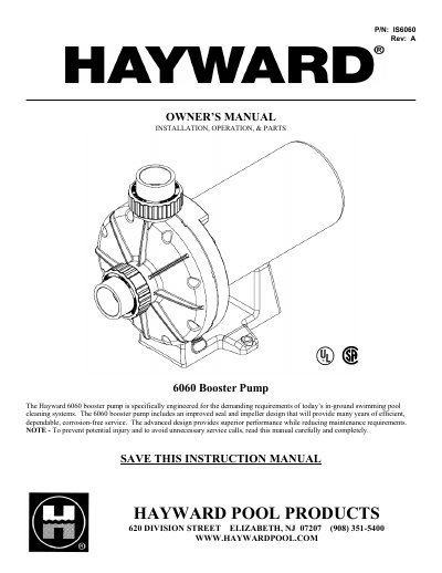 Hayward 6060 Booster Pump Owner's Manual - cover page