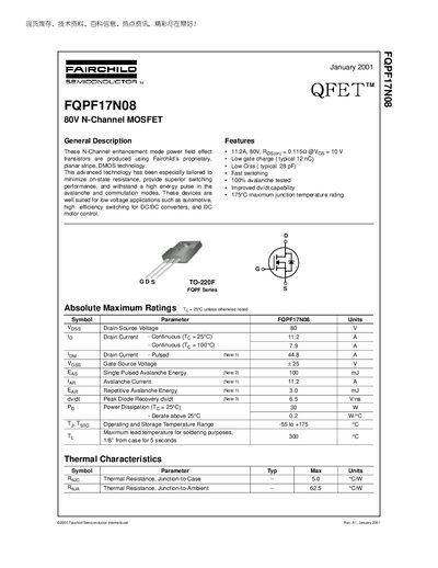 Fairchild FQPF17N08 N-Channel MOSFET Datasheet - cover page