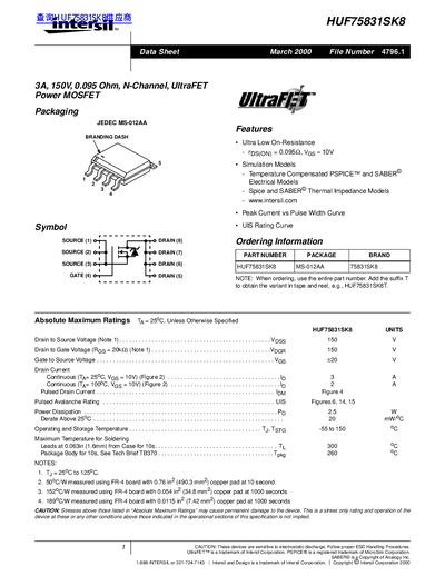 Intersil HUF75831SK8 3A 150V Power MOSFET Data Sheet - cover page