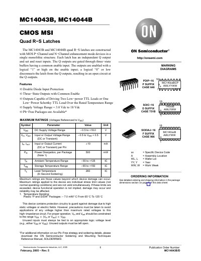 ON Semiconductor MC14043B / MC14044B Quad R‑S Latch Datasheet - cover page